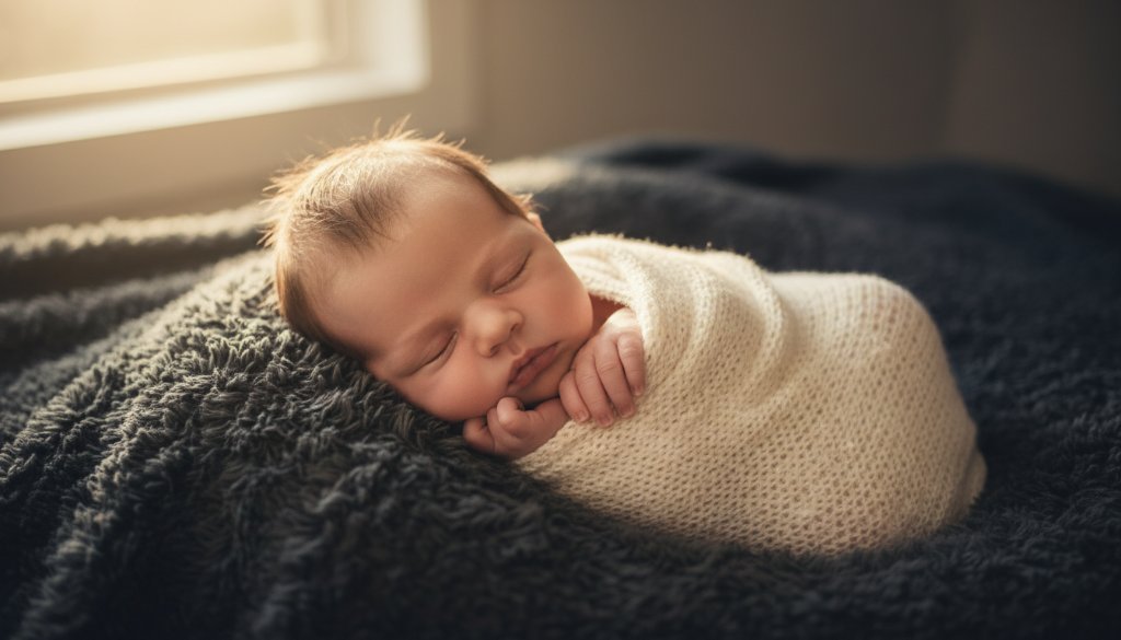 A heartwarming, beautifully lit portrait of a sleeping newborn baby in Keysborough, safely cradled in a textured wrap, with a soft focus on their delicate features, symbolising Keysborough newborn photography precious memories captured with artistic care.
