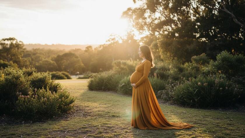 A glowing expectant mother, silhouetted by the warm light of a Keysborough outdoor maternity photography golden hour session, cradles her belly in a dramatic, emotionally resonant profile shot amidst natural parkland.