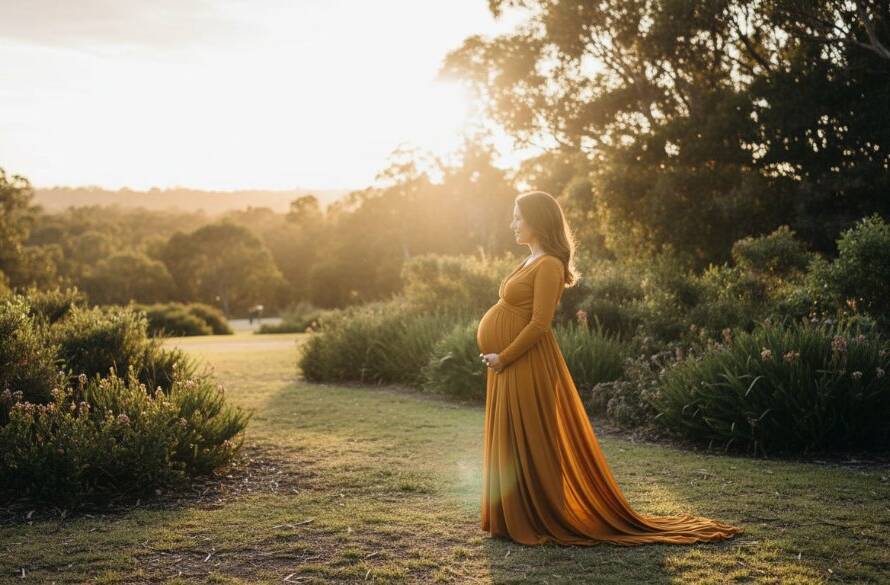 A glowing expectant mother, silhouetted by the warm light of a Keysborough outdoor maternity photography golden hour session, cradles her belly in a dramatic, emotionally resonant profile shot amidst natural parkland.