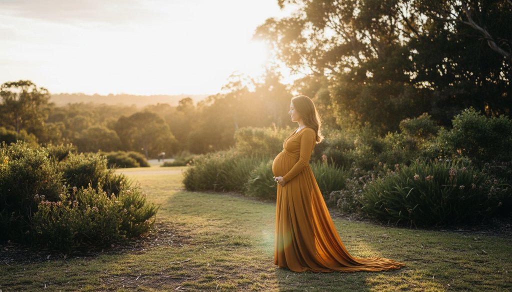 A glowing expectant mother, silhouetted by the warm light of a Keysborough outdoor maternity photography golden hour session, cradles her belly in a dramatic, emotionally resonant profile shot amidst natural parkland.