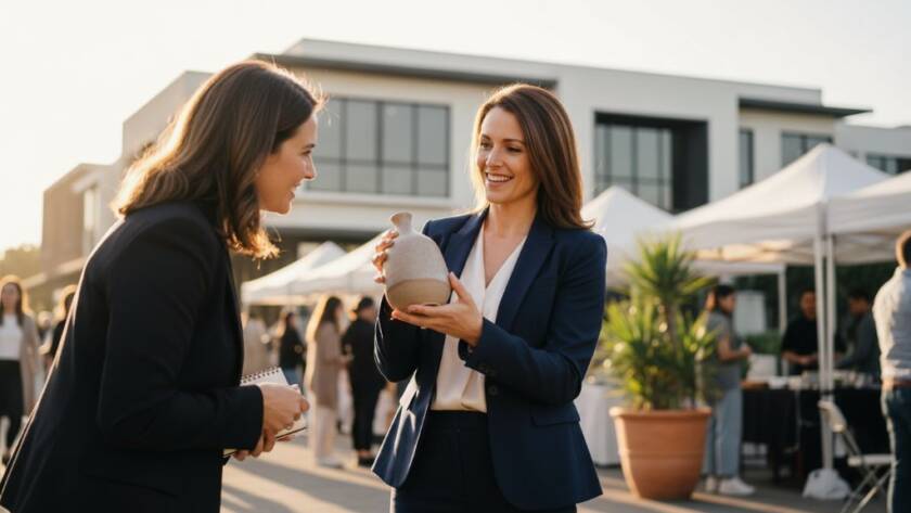 A vibrant wide shot of a female entrepreneur, mid-laugh, engaging with a client in a modern, sunlit cafe in Keysborough, with local Keysborough architecture subtly blurred in the background, captured by a Keysborough personal brand photographer, bathed in golden hour light with a shallow depth of field, conveying authenticity and connection.