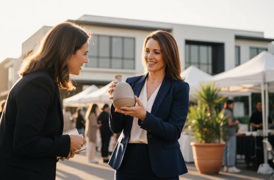 A vibrant wide shot of a female entrepreneur, mid-laugh, engaging with a client in a modern, sunlit cafe in Keysborough, with local Keysborough architecture subtly blurred in the background, captured by a Keysborough personal brand photographer, bathed in golden hour light with a shallow depth of field, conveying authenticity and connection.