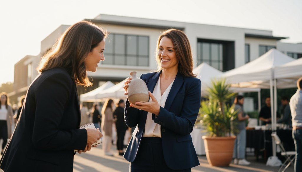 A vibrant wide shot of a female entrepreneur, mid-laugh, engaging with a client in a modern, sunlit cafe in Keysborough, with local Keysborough architecture subtly blurred in the background, captured by a Keysborough personal brand photographer, bathed in golden hour light with a shallow depth of field, conveying authenticity and connection.