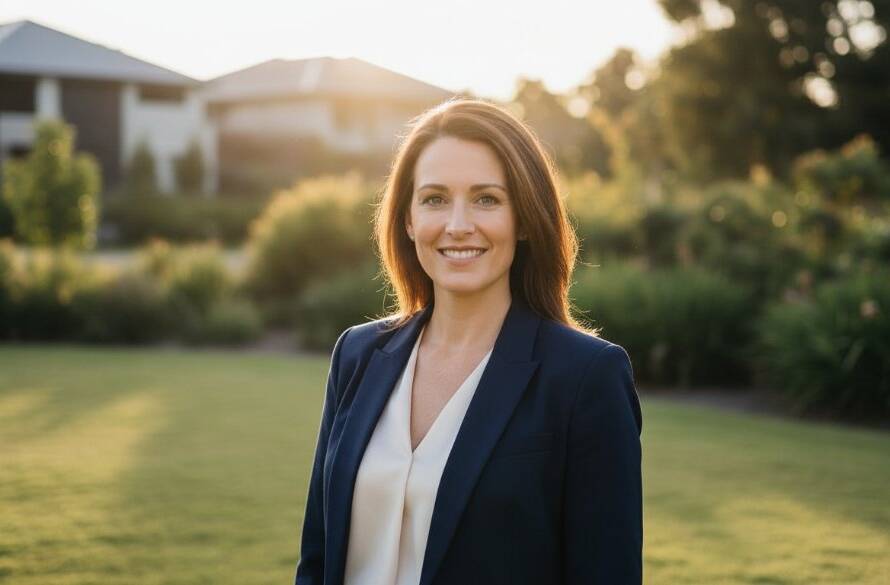 A determined professional stands confidently with a vibrant Keysborough park backdrop, bathed in golden hour light, representing Keysborough professional headshots for thriving careers Victoria, captured in an epic, inspiring portrait.