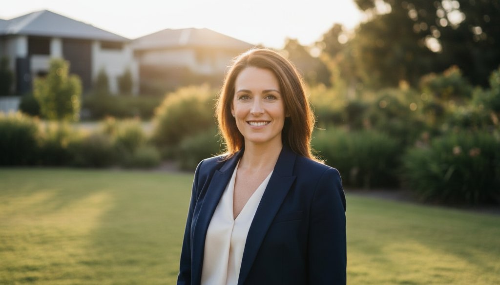 A determined professional stands confidently with a vibrant Keysborough park backdrop, bathed in golden hour light, representing Keysborough professional headshots for thriving careers Victoria, captured in an epic, inspiring portrait.