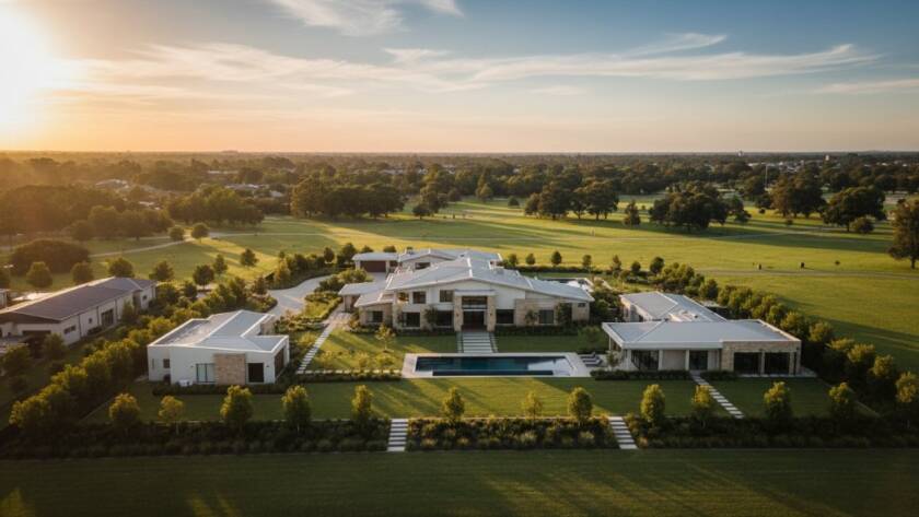 An expansive, golden hour aerial view of a modern residential property in Keysborough, Victoria, showcasing the entire estate and surrounding green spaces under dramatic lighting, perfect for Keysborough property drone photography Victoria marketing.