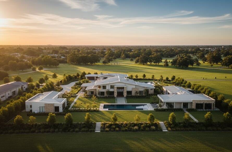 An expansive, golden hour aerial view of a modern residential property in Keysborough, Victoria, showcasing the entire estate and surrounding green spaces under dramatic lighting, perfect for Keysborough property drone photography Victoria marketing.