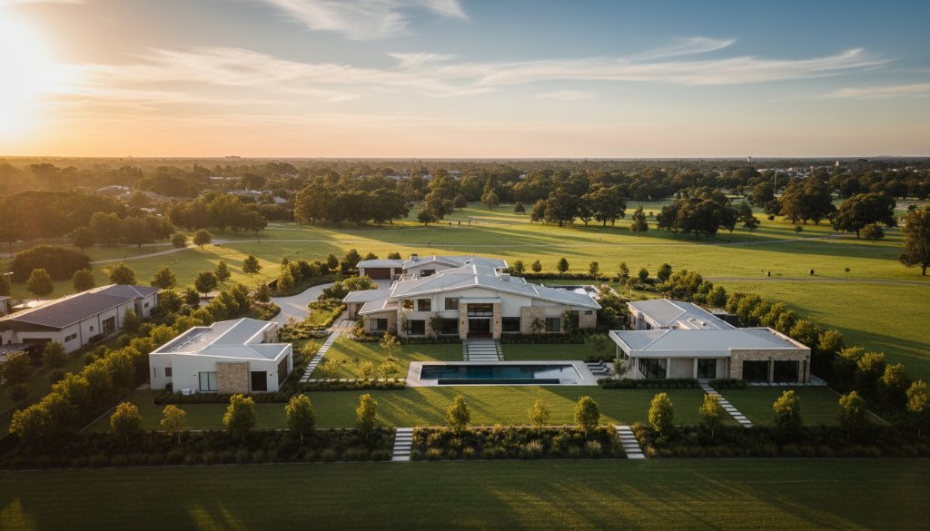 An expansive, golden hour aerial view of a modern residential property in Keysborough, Victoria, showcasing the entire estate and surrounding green spaces under dramatic lighting, perfect for Keysborough property drone photography Victoria marketing.