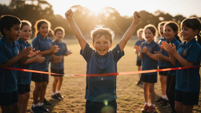 A dramatic, professionally colour-graded photograph showcasing the joy of Keysborough school photography capturing genuine moments, with students cheering excitedly during a sports day in Keysborough, sunlight streaming through goalposts.