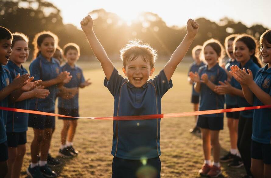 A dramatic, professionally colour-graded photograph showcasing the joy of Keysborough school photography capturing genuine moments, with students cheering excitedly during a sports day in Keysborough, sunlight streaming through goalposts.