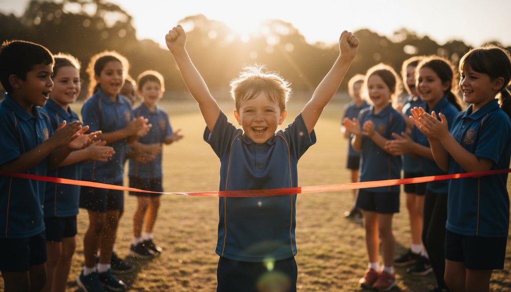 A dramatic, professionally colour-graded photograph showcasing the joy of Keysborough school photography capturing genuine moments, with students cheering excitedly during a sports day in Keysborough, sunlight streaming through goalposts.