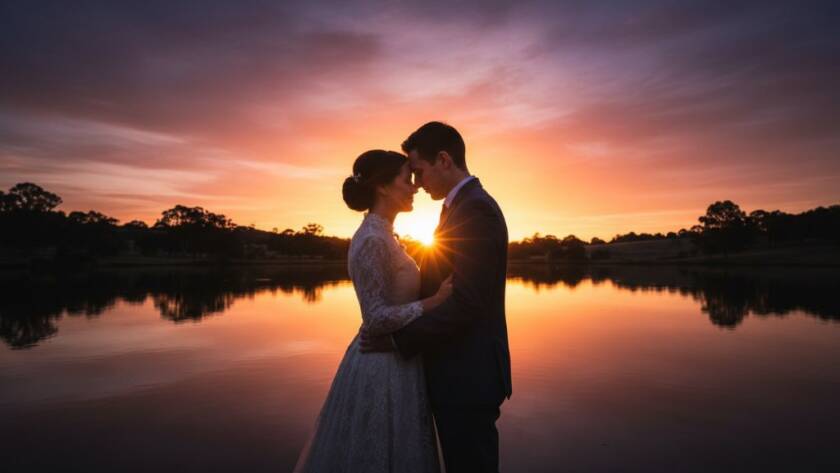 An epic moment capture of a Victorian couple embracing during a Keysborough twilight pre-wedding photoshoot, with dramatic golden hour light silhouetting them against a serene lake, showcasing deep emotion and professional artistry.