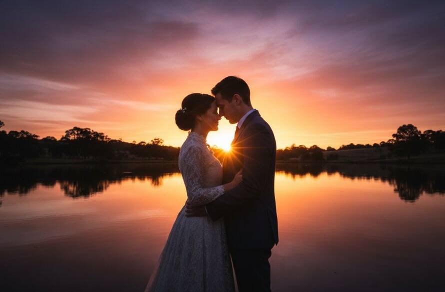 An epic moment capture of a Victorian couple embracing during a Keysborough twilight pre-wedding photoshoot, with dramatic golden hour light silhouetting them against a serene lake, showcasing deep emotion and professional artistry.