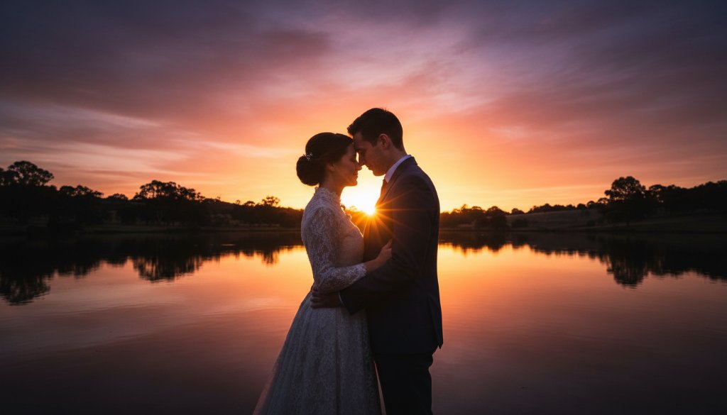 An epic moment capture of a Victorian couple embracing during a Keysborough twilight pre-wedding photoshoot, with dramatic golden hour light silhouetting them against a serene lake, showcasing deep emotion and professional artistry.