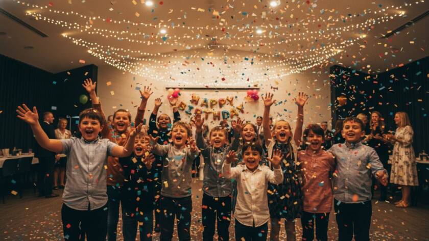 A wide-angle, vibrant photograph capturing an epic moment of joy at a children's birthday party in Keysborough, featuring kids laughing and covered in confetti, expertly shot with dramatic lighting by a professional Keysborough vibrant party photography service.