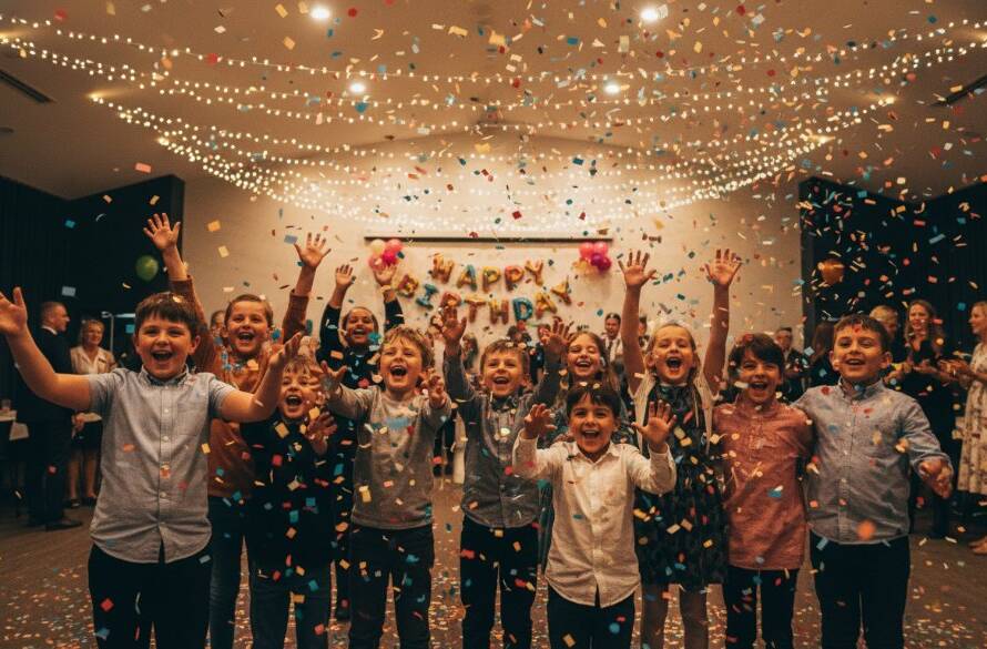 A wide-angle, vibrant photograph capturing an epic moment of joy at a children's birthday party in Keysborough, featuring kids laughing and covered in confetti, expertly shot with dramatic lighting by a professional Keysborough vibrant party photography service.