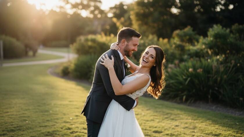 An emotional, wide-angle Keysborough Wedding Photography Candid Moments shot of a bride and groom sharing a tender, unposed laugh during their outdoor reception at sunset, dramatic backlighting highlighting their joy.