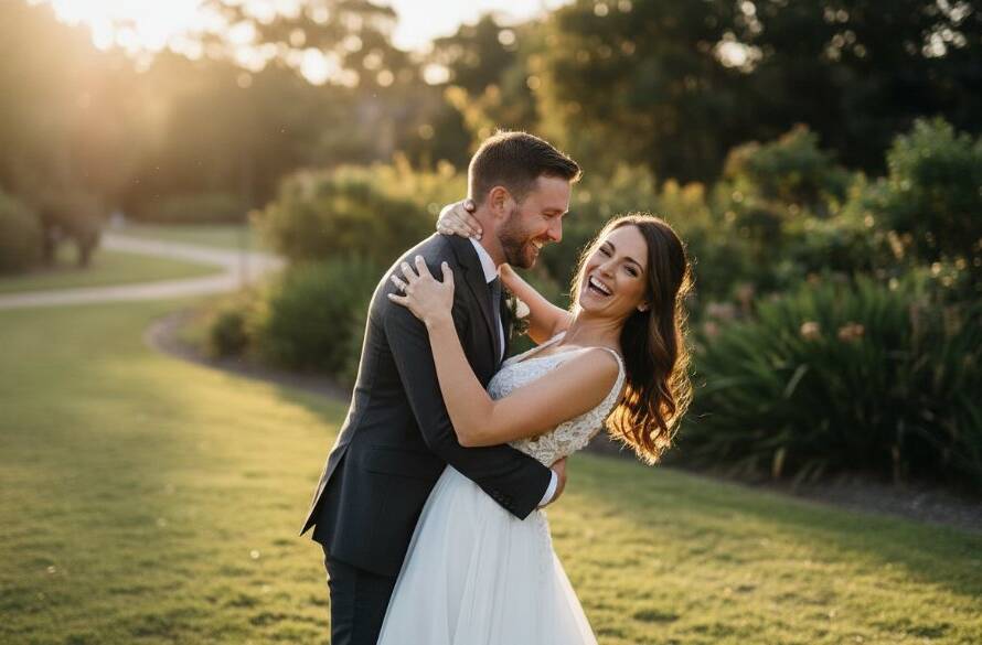 An emotional, wide-angle Keysborough Wedding Photography Candid Moments shot of a bride and groom sharing a tender, unposed laugh during their outdoor reception at sunset, dramatic backlighting highlighting their joy.