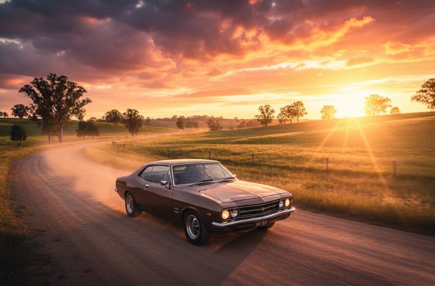 A gleaming vintage muscle car, perfectly polished, parked on a dusty Kialla country road at sunset, bathed in golden light, showcasing Kialla Automotive Photography Excellence with dramatic flair.