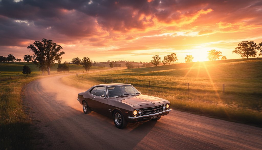 A gleaming vintage muscle car, perfectly polished, parked on a dusty Kialla country road at sunset, bathed in golden light, showcasing Kialla Automotive Photography Excellence with dramatic flair.