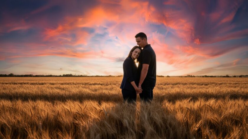 Kialla candid lifestyle photography captures a joyful family running through golden fields at sunset, their laughter illuminated by warm light, creating an epic and genuine moment.
