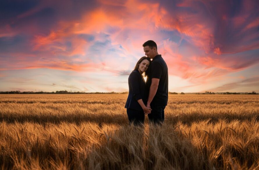 Kialla candid lifestyle photography captures a joyful family running through golden fields at sunset, their laughter illuminated by warm light, creating an epic and genuine moment.