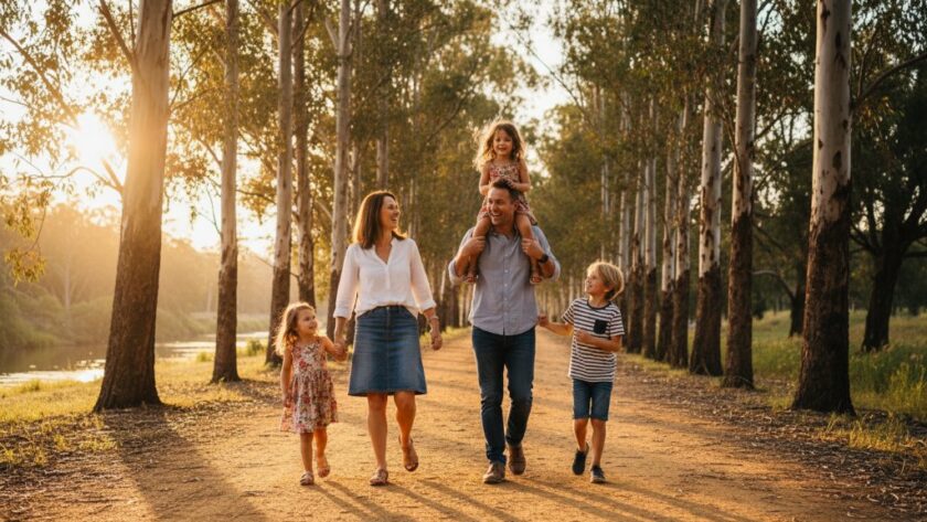 A vibrant Kialla family photography capturing genuine moments of joy, with parents playfully lifting their child against a warm, golden hour backdrop near the Goulburn River, showcasing laughter and connection in a beautifully lit, professional shot.