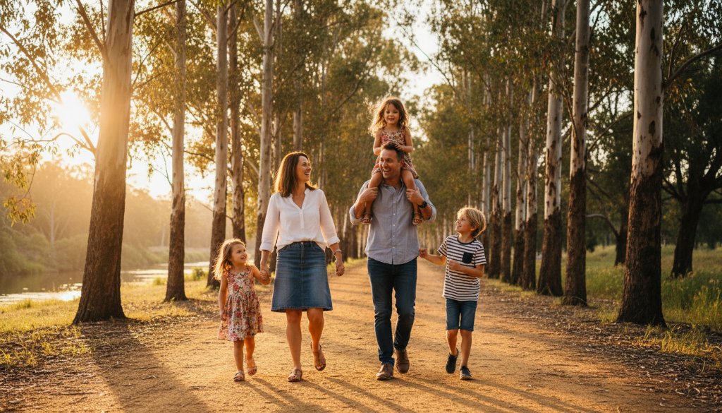 A vibrant Kialla family photography capturing genuine moments of joy, with parents playfully lifting their child against a warm, golden hour backdrop near the Goulburn River, showcasing laughter and connection in a beautifully lit, professional shot.