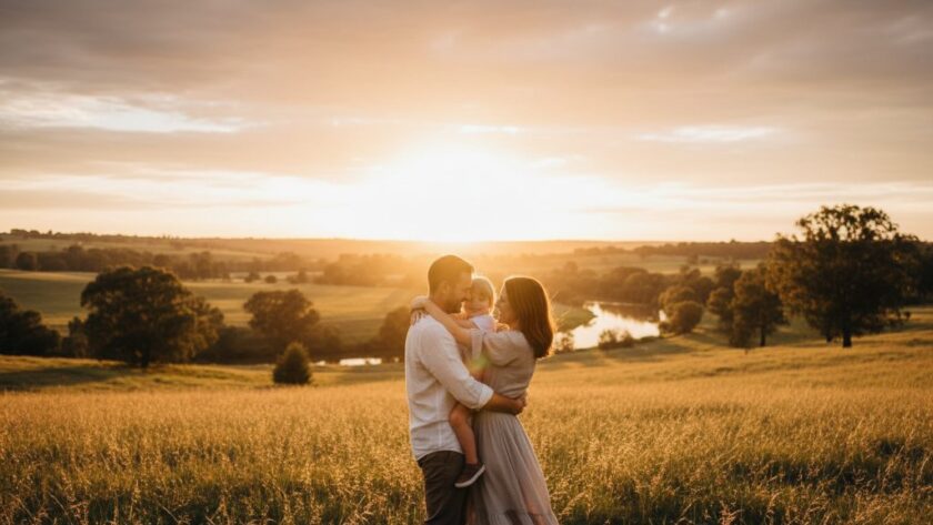 A breathtaking Kialla Fine Art Photography Capturing Soulful Moments image, depicting a family embracing under the golden hour sun near the Goulburn River, showcasing emotional connection and the beauty of rural Victoria.