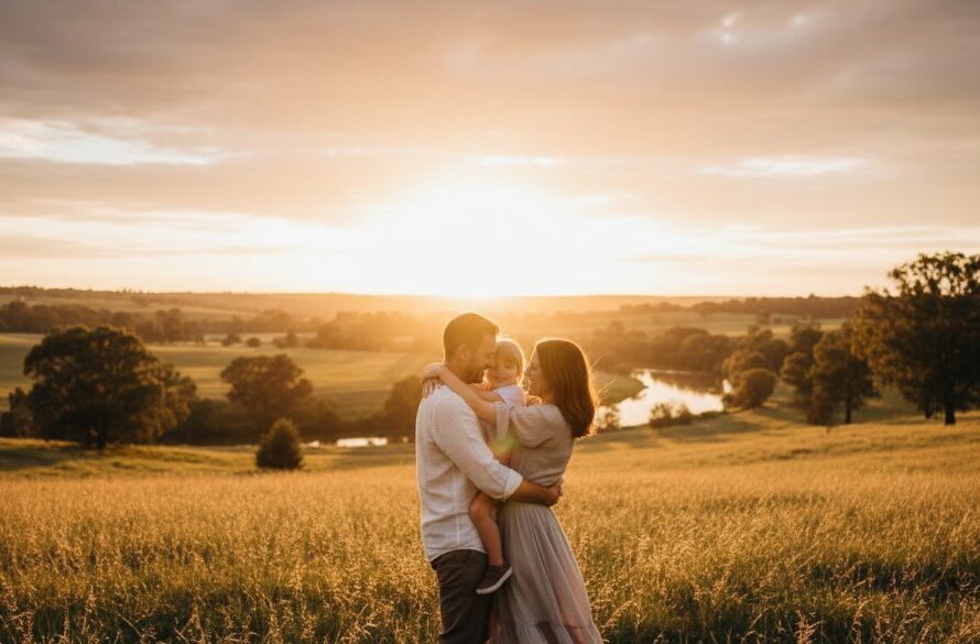 A breathtaking Kialla Fine Art Photography Capturing Soulful Moments image, depicting a family embracing under the golden hour sun near the Goulburn River, showcasing emotional connection and the beauty of rural Victoria.