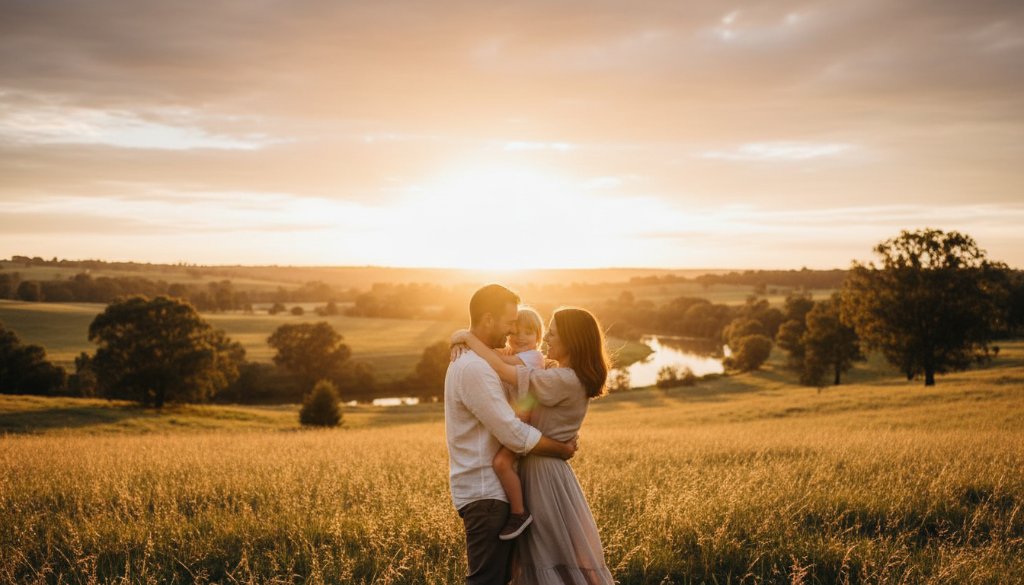 A breathtaking Kialla Fine Art Photography Capturing Soulful Moments image, depicting a family embracing under the golden hour sun near the Goulburn River, showcasing emotional connection and the beauty of rural Victoria.