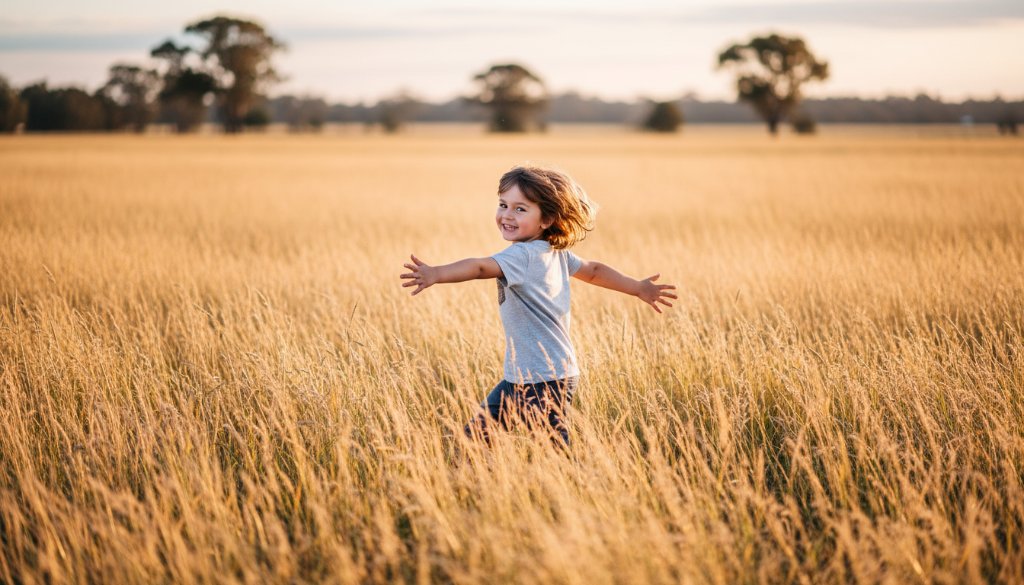 A joyful child, expertly captured by Kialla kids photography natural light specialists, laughing candidly in a golden field during sunset in Kialla, Victoria, with a sun-drenched, natural aesthetic.