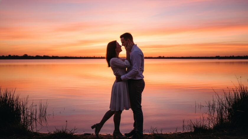 An epic, cinematic shot capturing a couple's joyous embrace by the water at sunset, showcasing stunning Kialla Lakes Engagement Photography Victoria, with dramatic golden hour lighting and reflection.
