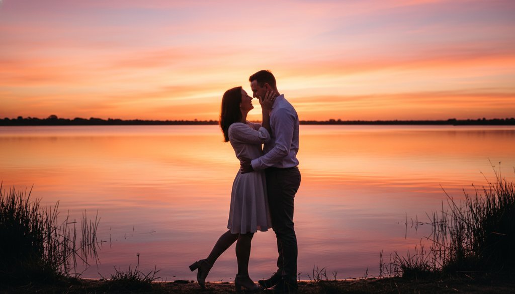 An epic, cinematic shot capturing a couple's joyous embrace by the water at sunset, showcasing stunning Kialla Lakes Engagement Photography Victoria, with dramatic golden hour lighting and reflection.