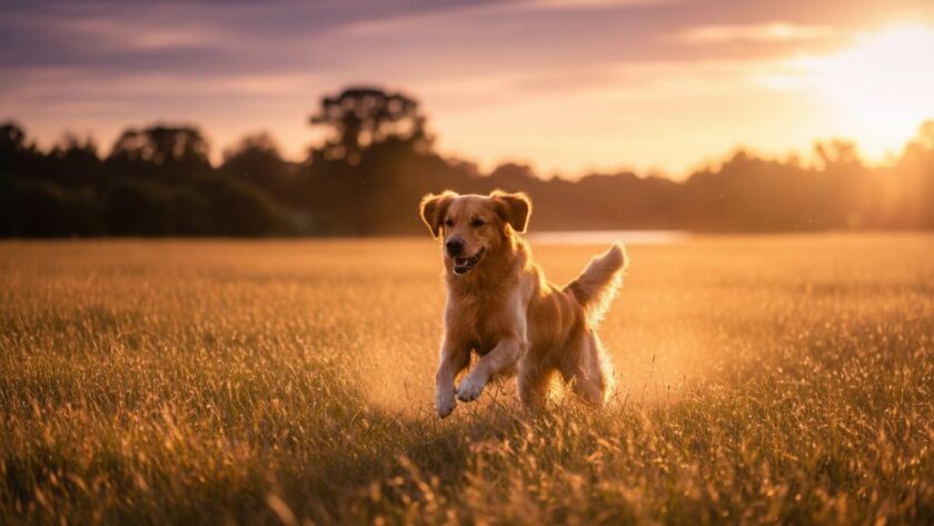 A vibrant and heartwarming Kialla pet photography capturing joyful moments, showing a golden retriever mid-leap with a frisbee at the Victoria Park Lake foreshore in Kialla, sun-kissed fur, pure joy on its face, dramatic golden hour lighting, wide-angle shot.