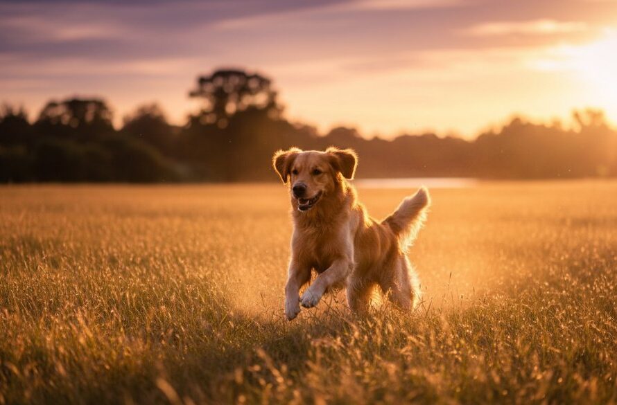 A vibrant and heartwarming Kialla pet photography capturing joyful moments, showing a golden retriever mid-leap with a frisbee at the Victoria Park Lake foreshore in Kialla, sun-kissed fur, pure joy on its face, dramatic golden hour lighting, wide-angle shot.