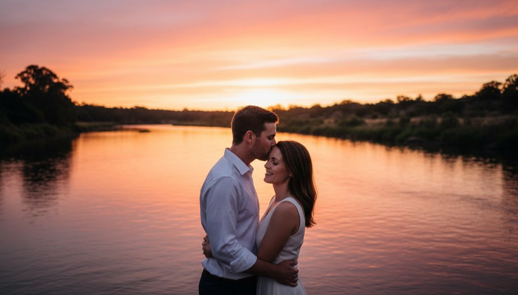An enchanting Kialla pre-wedding photography Goulburn River sunset moment, featuring a couple embracing warmly as golden light bathes the scenic riverbank, creating a cinematic, professional wedding photo.
