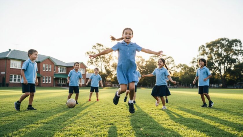 Close-up, candid shot of a group of primary school children from Kialla, Victoria, laughing joyously as they play during recess, with the Kialla school photography capturing genuine student joy in a beautifully lit, natural setting, showcasing their authentic smiles and energy.