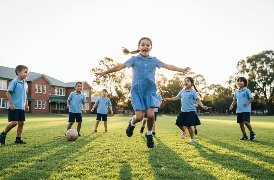 Close-up, candid shot of a group of primary school children from Kialla, Victoria, laughing joyously as they play during recess, with the Kialla school photography capturing genuine student joy in a beautifully lit, natural setting, showcasing their authentic smiles and energy.