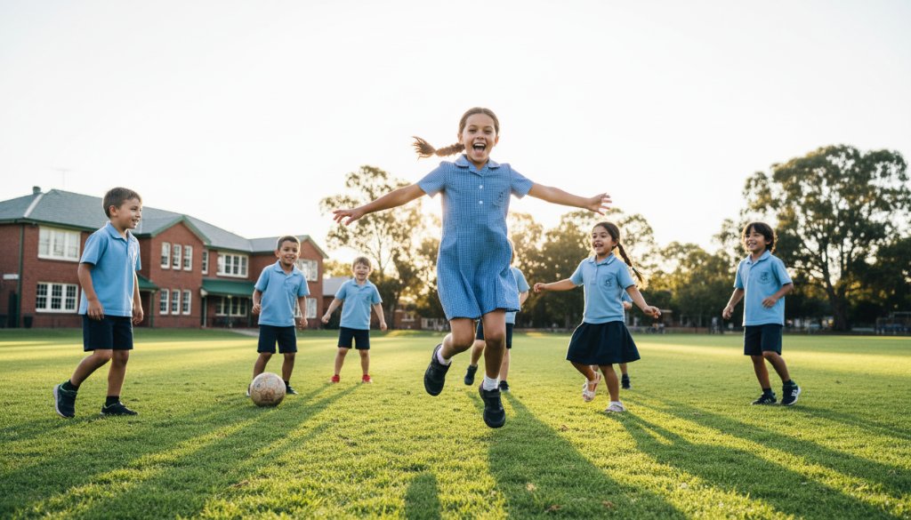 Close-up, candid shot of a group of primary school children from Kialla, Victoria, laughing joyously as they play during recess, with the Kialla school photography capturing genuine student joy in a beautifully lit, natural setting, showcasing their authentic smiles and energy.