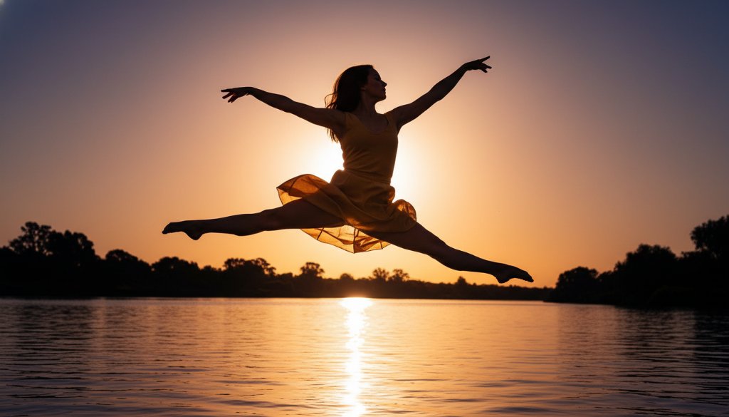 An epic moment in Kialla vibrant dance photography for portfolios, featuring a dancer mid-leap against a sunset backdrop near the Goulburn River, showcasing strength and grace.