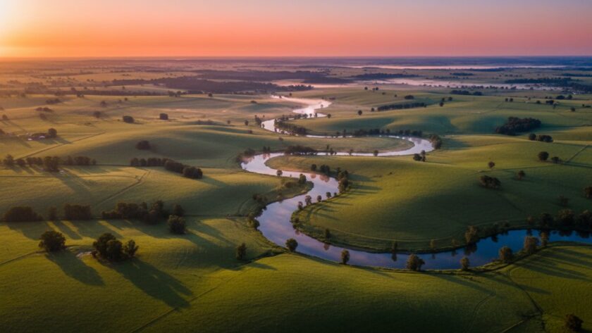A breathtaking aerial view of the meandering Goulburn River through Kialla, Victoria, at sunrise, showcasing the lush farmlands and a golden glow, captured by Kialla Victoria aerial photography services stunning landscapes, evoking a sense of peaceful grandeur.