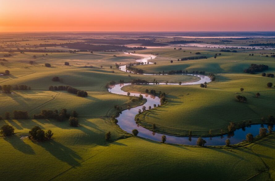A breathtaking aerial view of the meandering Goulburn River through Kialla, Victoria, at sunrise, showcasing the lush farmlands and a golden glow, captured by Kialla Victoria aerial photography services stunning landscapes, evoking a sense of peaceful grandeur.