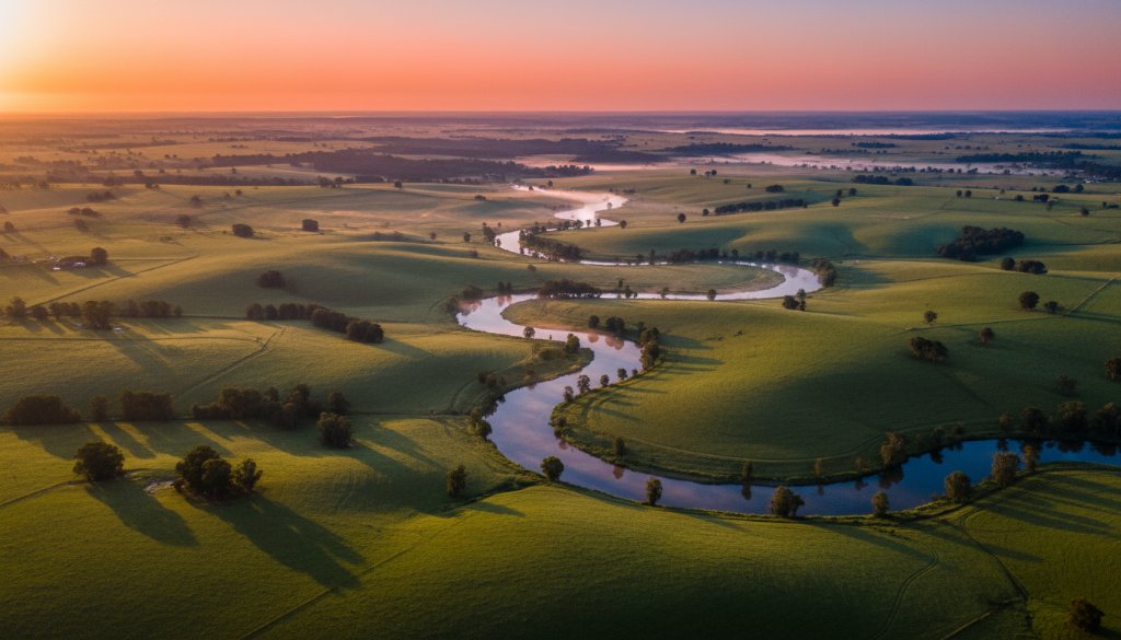 A breathtaking aerial view of the meandering Goulburn River through Kialla, Victoria, at sunrise, showcasing the lush farmlands and a golden glow, captured by Kialla Victoria aerial photography services stunning landscapes, evoking a sense of peaceful grandeur.