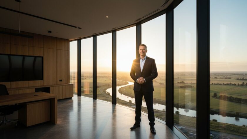 Dramatic, cinematic photograph of a Kialla Victoria bespoke corporate photography solutions session, capturing a CEO in a modern, light-filled office space in Kialla, overlooking the Goulburn River, bathed in golden hour light, showing confidence and innovation, professionally colour graded.