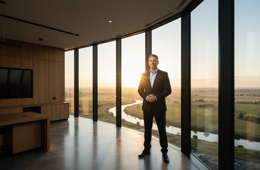 Dramatic, cinematic photograph of a Kialla Victoria bespoke corporate photography solutions session, capturing a CEO in a modern, light-filled office space in Kialla, overlooking the Goulburn River, bathed in golden hour light, showing confidence and innovation, professionally colour graded.
