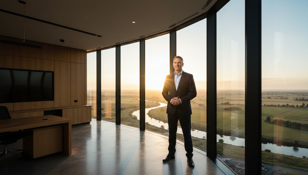 Dramatic, cinematic photograph of a Kialla Victoria bespoke corporate photography solutions session, capturing a CEO in a modern, light-filled office space in Kialla, overlooking the Goulburn River, bathed in golden hour light, showing confidence and innovation, professionally colour graded.