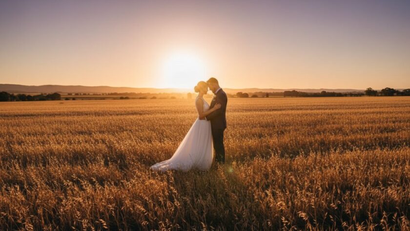 A dramatic and emotionally charged image capturing a newlywed couple's tender embrace at sunset amidst the golden fields of Kialla, Victoria, perfectly illustrating Kialla Victoria intimate wedding photography, with soft, golden hour light highlighting their faces and the rustic Australian landscape in the background.