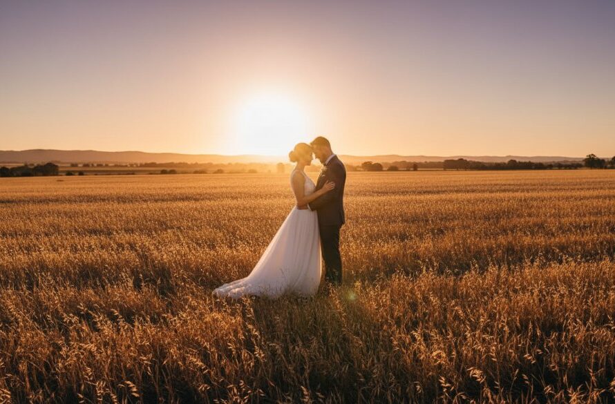 A dramatic and emotionally charged image capturing a newlywed couple's tender embrace at sunset amidst the golden fields of Kialla, Victoria, perfectly illustrating Kialla Victoria intimate wedding photography, with soft, golden hour light highlighting their faces and the rustic Australian landscape in the background.