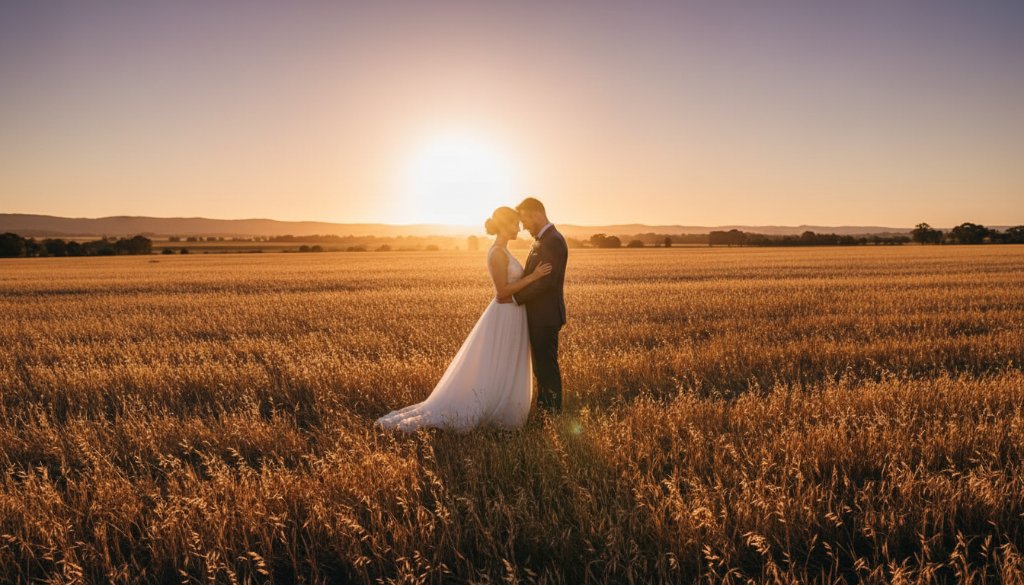 A dramatic and emotionally charged image capturing a newlywed couple's tender embrace at sunset amidst the golden fields of Kialla, Victoria, perfectly illustrating Kialla Victoria intimate wedding photography, with soft, golden hour light highlighting their faces and the rustic Australian landscape in the background.